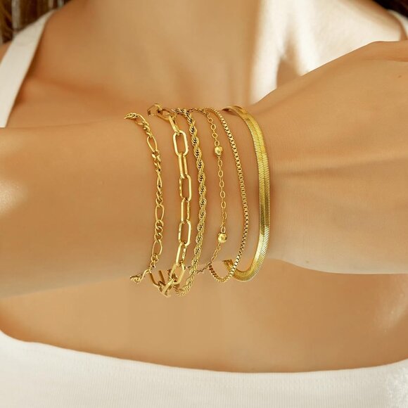 Trendy 6pcs Gold Bracelets Set for Women, 14K Gold Plated, Adjustable, Waterproo - Picture 8 of 8